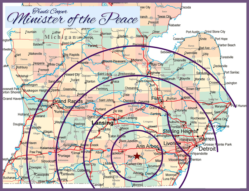 Driving distance radius map Trudi Cooper Minister of the Peace